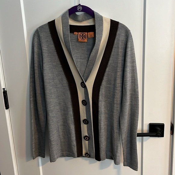 Tory Burch Fine Wool Cardigan in Chimney Melange - Picture 1 of 11